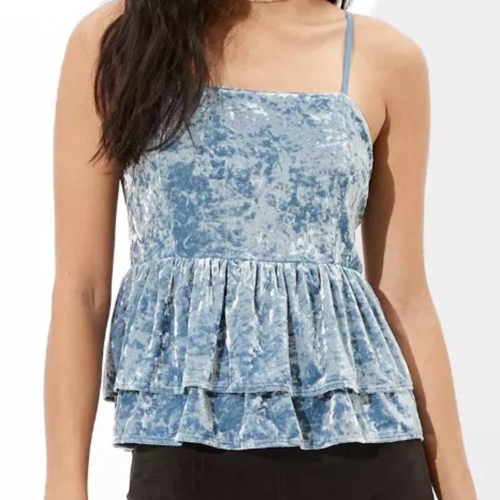 NWOT American Eagle Blue Velvet Tiered Babydoll Top M